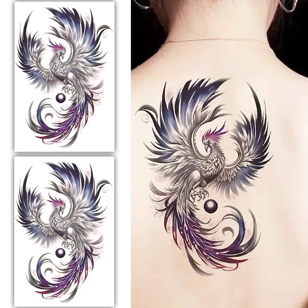 S.A.V.I 2 Sheets Large Phoenix Temporary Tattoo 19x12cm - Stylish Grey, Purple Pink Waterproof Body Art Stickers for Women Men - Long-Lasting, Easy to Apply Remove - Party Event Ready