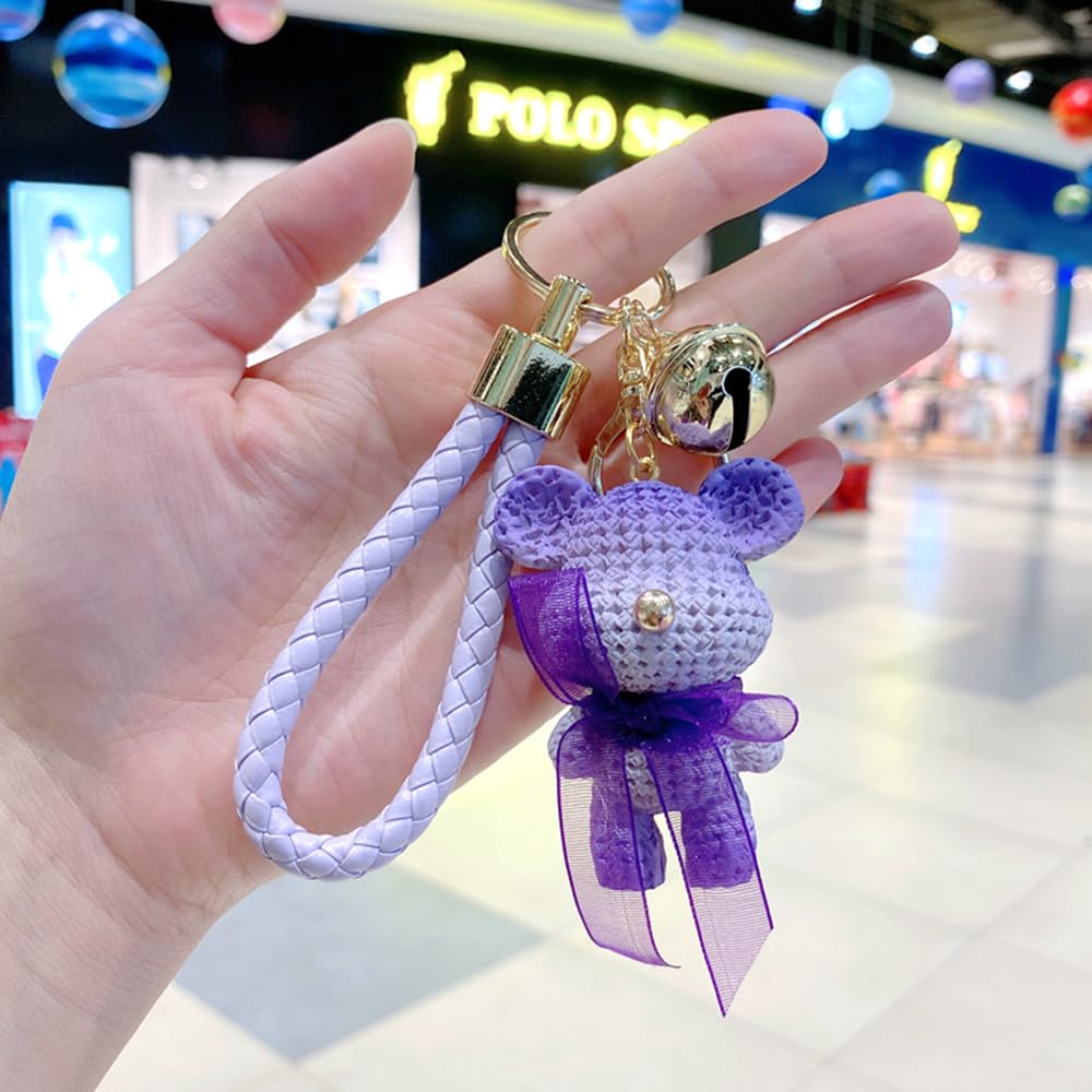 S.A.V.I Purple Teddy Bear Keychain | Resin Charm with Crochet Texture, PU Leather Strap & Golden Bell | for Girls, Women | Durable Metal Ring for Handbags, Car, Bike & Home Keys (Purple)