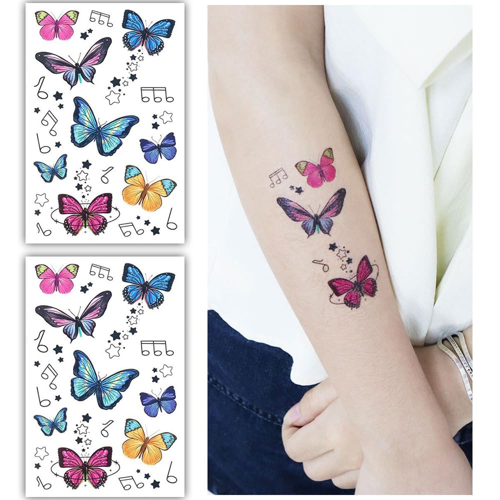 S.A.V.I 2 Sheets - Colorful Butterfly Temporary Tattoos for Kids Adults (7.5 x 12 cm) - Easy Apply Remove, Long-Lasting, Waterproof - Ideal for Parties, Festivals, DIY Crafting