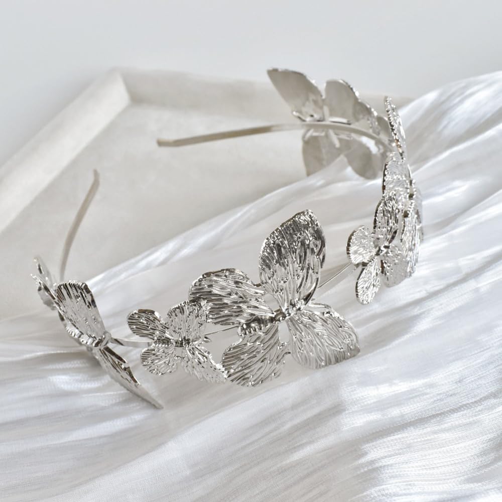 S.A.V.I Silver Butterfly Hairband for Women & Girls | Lightweight Metal Headband with 3D Textured Design | Stylish Party, Wedding & Festive Hair Accessory (14.5cm) (Silver, Onesize)