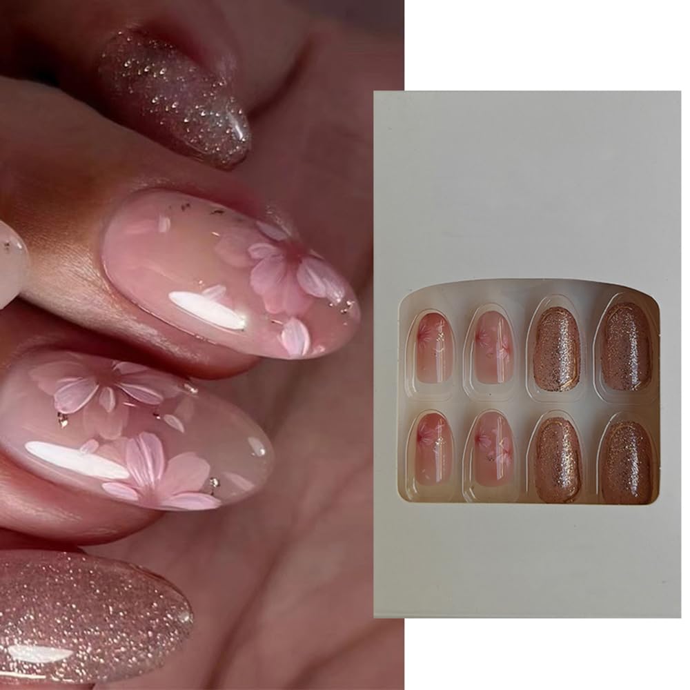 S.A.V.I 24 Pcs Medium Length Press-On Nails | Round Shape, Pink Floral Design with Glitter | DIY Artificial False Nails | Natural Look, Easy to Apply, Long-Lasting Stick-On Nails for Women Girls