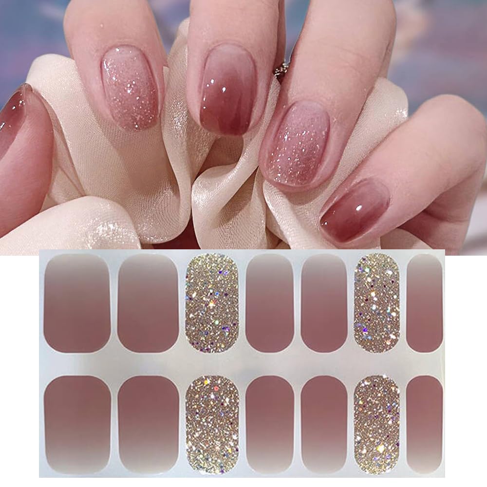 S.A.V.I Ombre Gel Nail Stickers - 14 PCS, Pink Gold Glitter, Self-Adhesive Easy-to-Use
