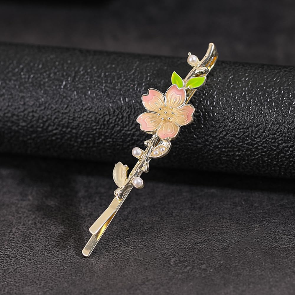 S.A.V.I Cherry Blossom Hair Clip for Women & Girls | Pink & Gold Floral Barrette 6cm | Elegant Pearl & Enamel Leaf Hairpin | Stylish Hair Accessory for Party, Wedding & Daily