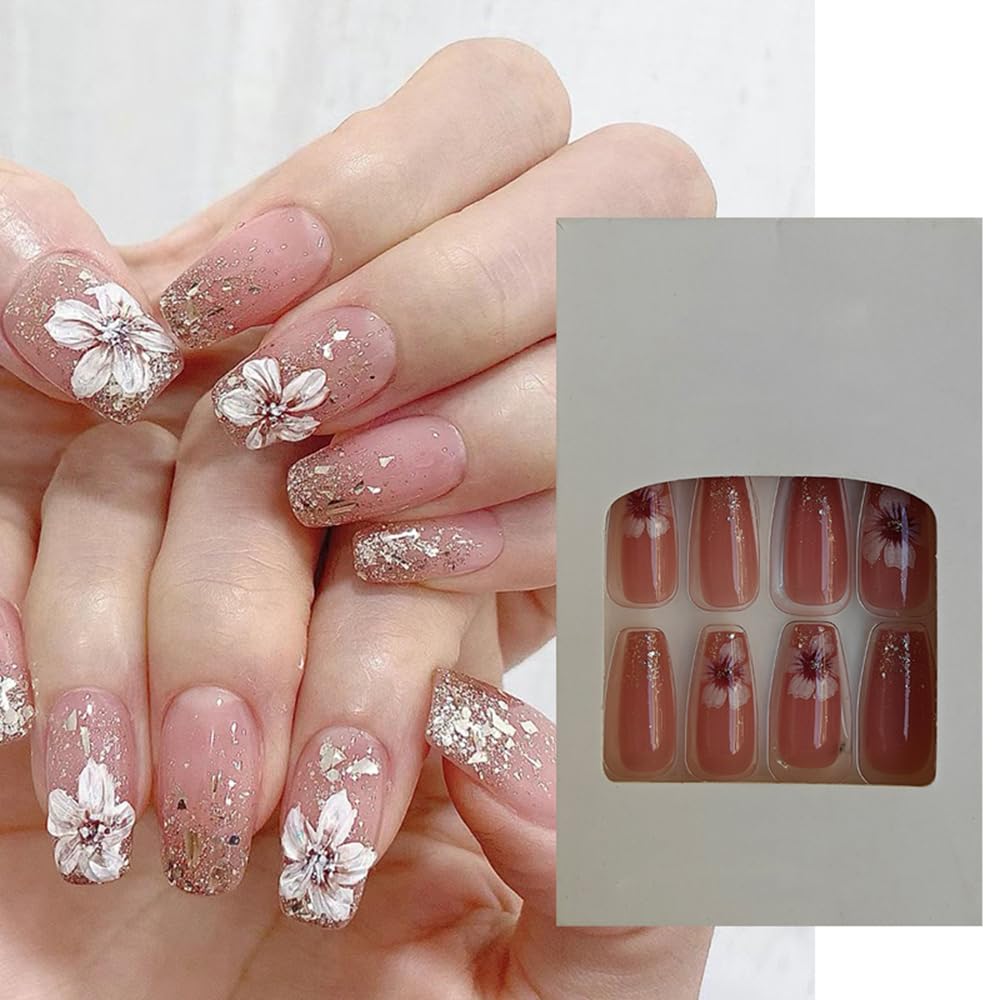 S.A.V.I 24 Pcs Long Coffin Fake Nails | Nude with Floral Print Glitter | Reusable Press-On False Nails for Women Girls | Easy to Apply, Durable Chip-Resistant | Salon-Style Manicure at Home