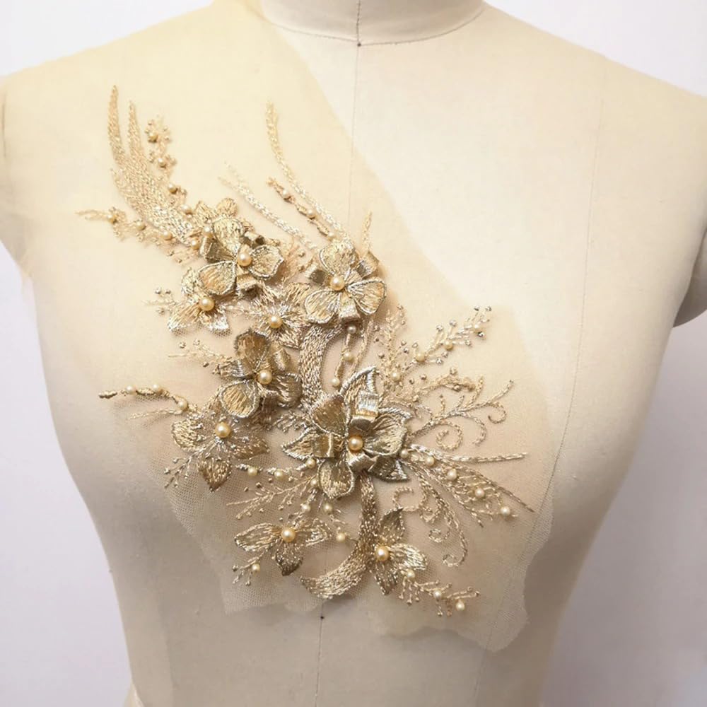 S.A.V.I Gold 3D Floral Embroidered Applique Patch | 12x6 Inch Sew-On Mesh Lace Fabric with Pearls for Bridal Blouse, Lehenga, Saree, Gown, Dress DIY Craft | Elegant Wedding Ethnic Wear Sewing Accessory (Gold)