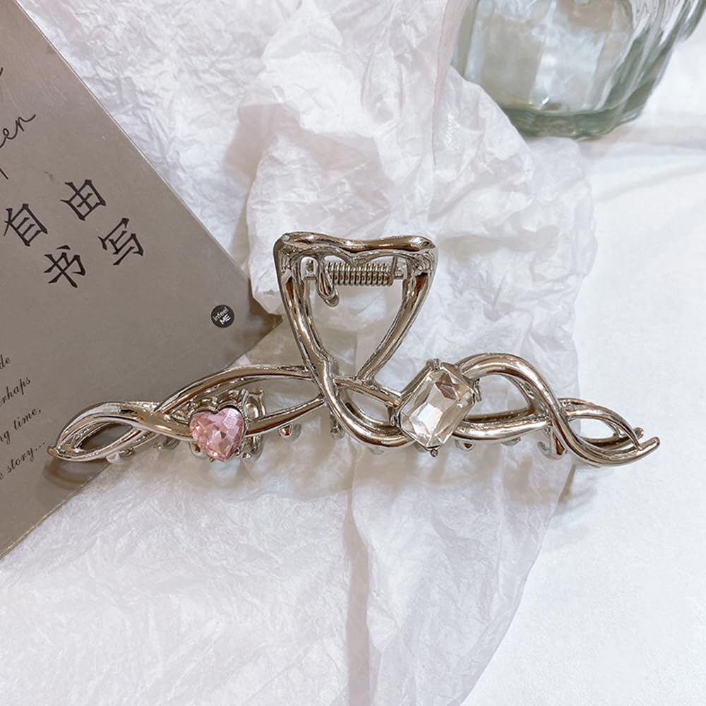 S.A.V.I Silver Metal Hair Claw Clip for Women & Girls | 11cm Big Hair Clutcher with Rhinestones | Stylish Butterfly Design | Strong Grip Hair Accessory for Thick Hair, Party & Daily