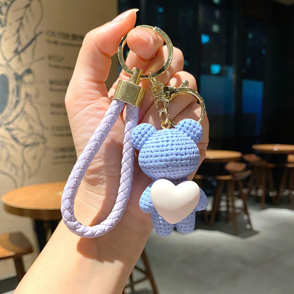 S.A.V.I Cute Purple Bear Keychain with Heart Charm | Resin Teddy Pendant (6cm) & Braided PU Leather Wrist Strap | Stylish Gold Key Ring for Girls, Women, Handbag, Car Accessories (Purple)