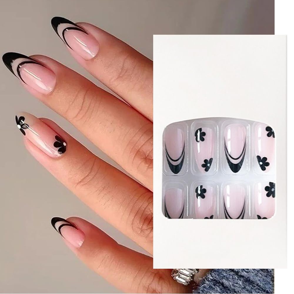 S.A.V.I 24Pc French Manicure Press-On Nails - Elegant Long Floral Black Nude Fake Nails Set Amazon.in