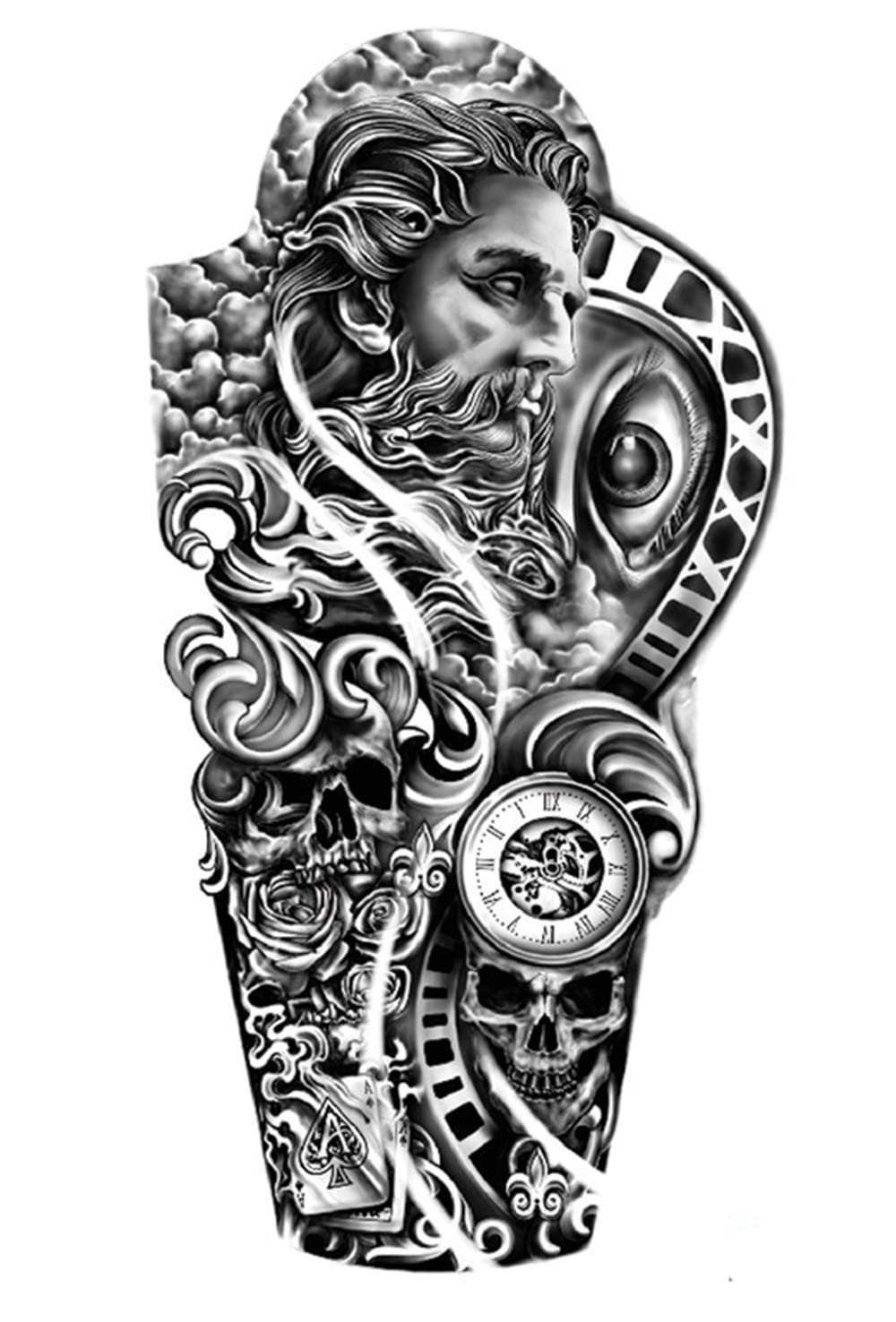 S.A.V.I Temporary Tattoo Stickers, Devil Man Face Ancient Clock Evil Eye Tattoo Pattern For Men, Women, Tattoo For Hand Arm, Size 21x11cm - 1Pc.