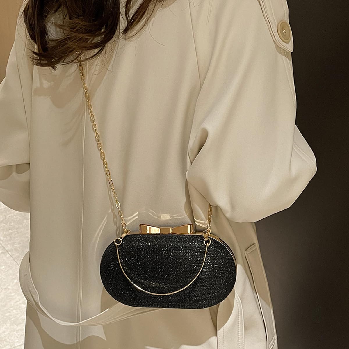 S.A.V.I Women’s Black Glitter Clutch Bag | Oval Hard Case Evening Purse with Gold Chain & Bow | Stylish Party & Wedding Handbag for Girls & Women (Black)