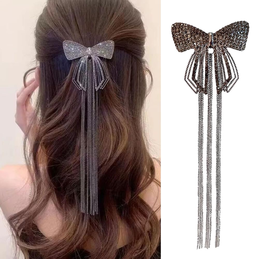 S.A.V.I 1Pc Gun Black Rhinestone Bow Hair Clip with Long Tassel Chains - Stylish Big Bow Design for Women Girls, Elegant Hair Accessory for Party, Wedding Festive Occasions