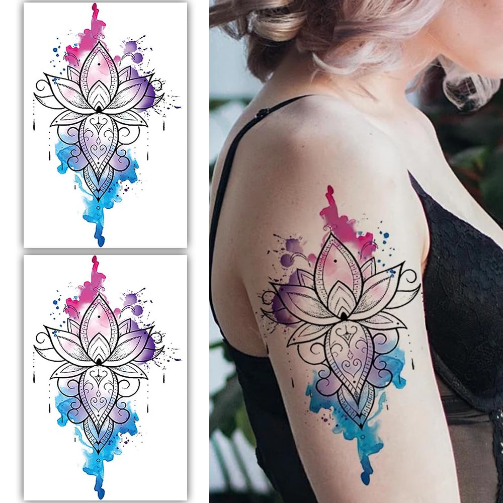 S.A.V.I 2PCS Vibrant Lotus Flower Temporary Tattoo, 19x12cm, Watercolor Ink in Purple, Pink, Blue | Long-Lasting, Waterproof Body Art for Girls Women | Easy to Apply Remove