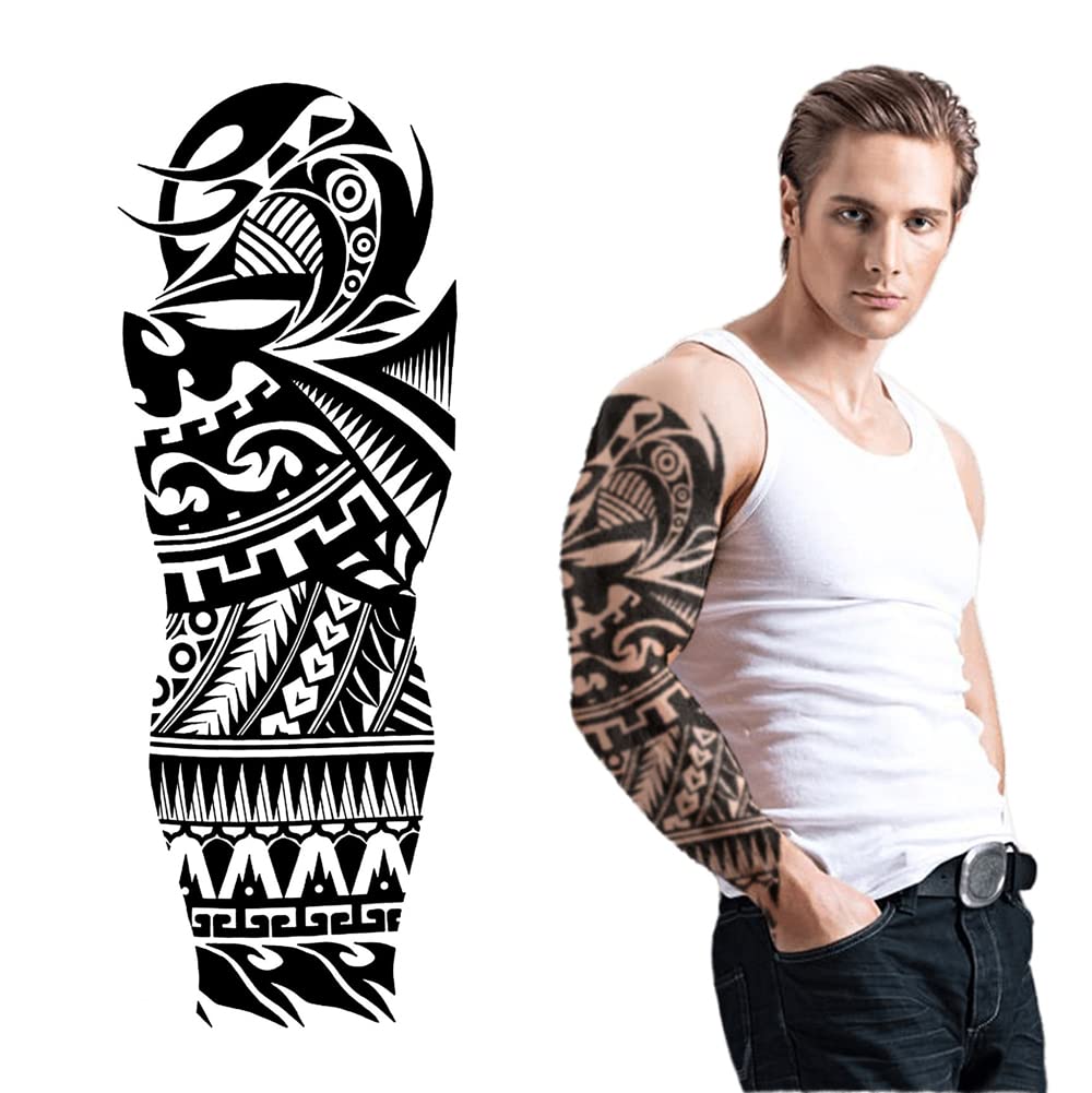S.A.V.I Full Arm Tattoo, Black Totem Tribal Cool Temporary Tattoo Sticker, Size 48x17CM