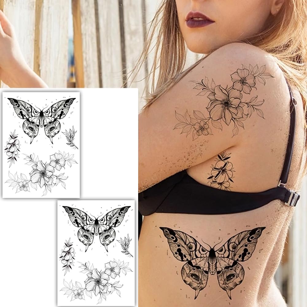 S.A.V.I 2PCS - Butterfly Tattoo Stickers Black Floral Temporary Tattoos, Elegant 22x15 cm Design for Men Women