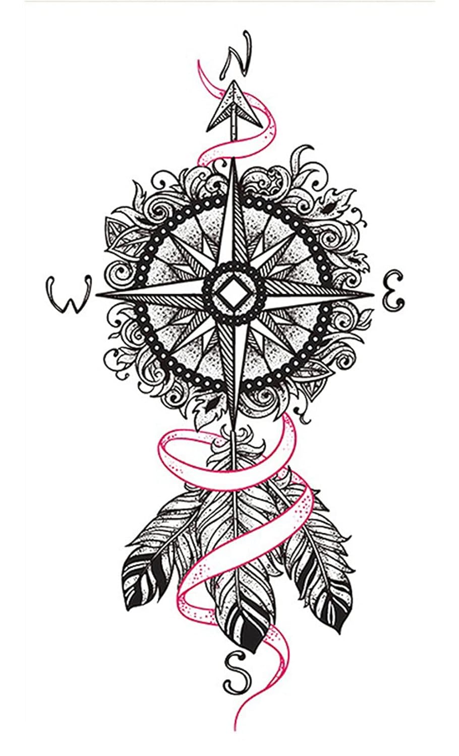 S.A.V.I Temporary Tattoo Stickers, Dreamcatcher Compass Directions Design For Men, Women Size 21x11cm - 1Pc.
