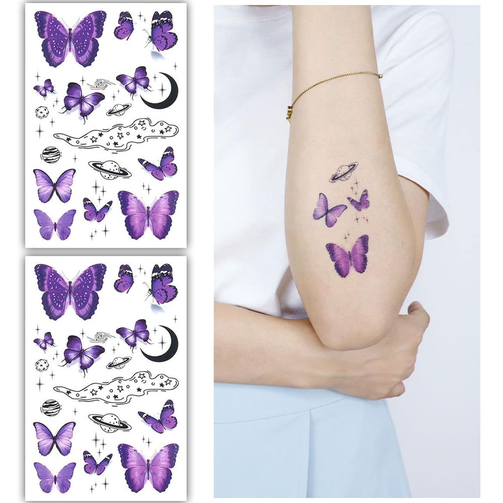 S.A.V.I 2 Sheets - Purple Butterfly Temporary Tattoos for Kids Adults, 12cm x 7.5cm, Waterproof, Easy to Apply Remove, Ideal for Parties, Festivals DIY Craft, Long-lasting Body Art Stickers