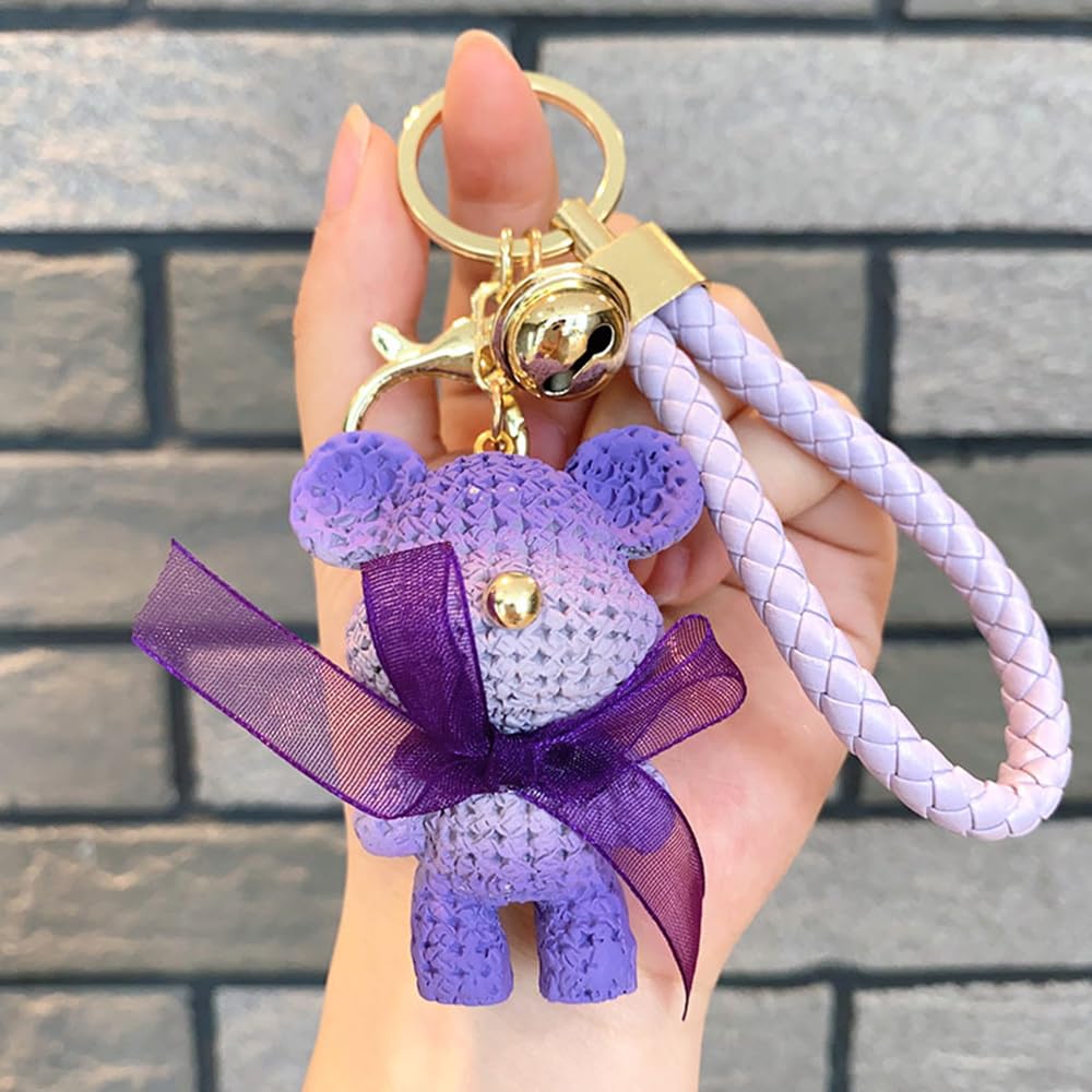 S.A.V.I Purple Teddy Bear Keychain | Resin Charm with Crochet Texture, PU Leather Strap & Golden Bell | for Girls, Women | Durable Metal Ring for Handbags, Car, Bike & Home Keys (Purple)