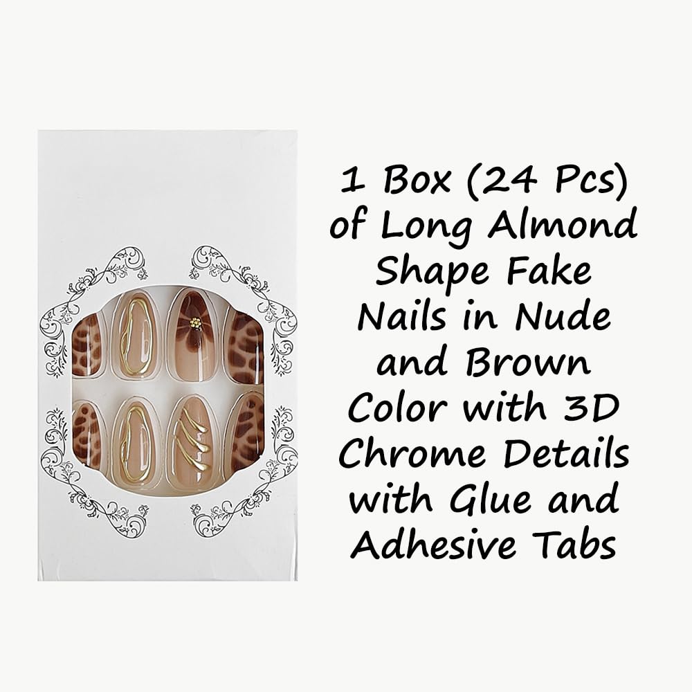 S.A.V.I 24Pcs Long Almond Nude & Brown Press-On Nails with 3D Chrome & Leopard Print – Reusable Nail Extensions with Glue & Adhesive Tabs for Salon-Style Manicure