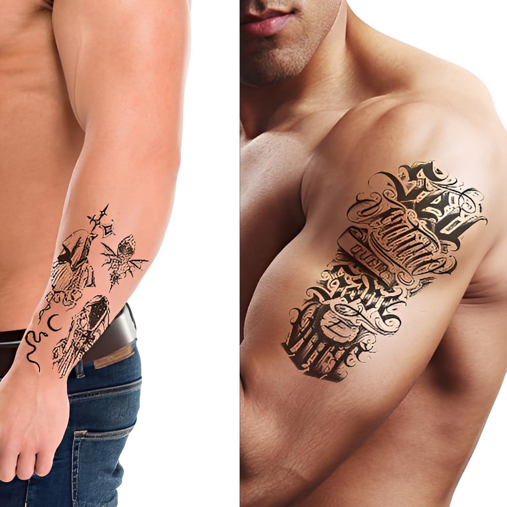 S.A.V.I 3Pcs Gothic Lettering Temporary Tattoo Sheets – Black Waterproof, Non-Toxic Body Art Stickers for Men & Women – Large 21x10cm Arm, Shoulder & Back Designs – Easy Apply & Remove