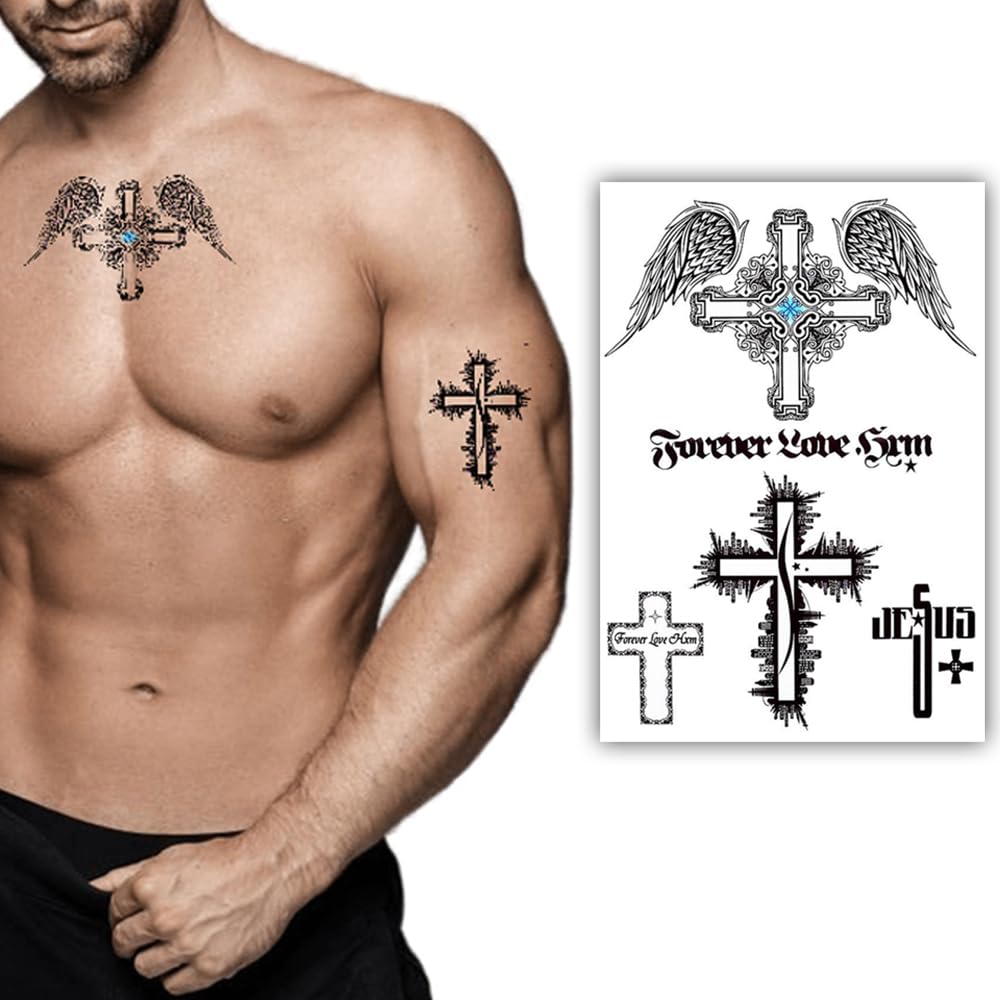 S.A.V.I Temporary Tattoo Stickers - Cross Wing, Long-Lasting, Waterproof, Safe - Ideal for Parties Fashion