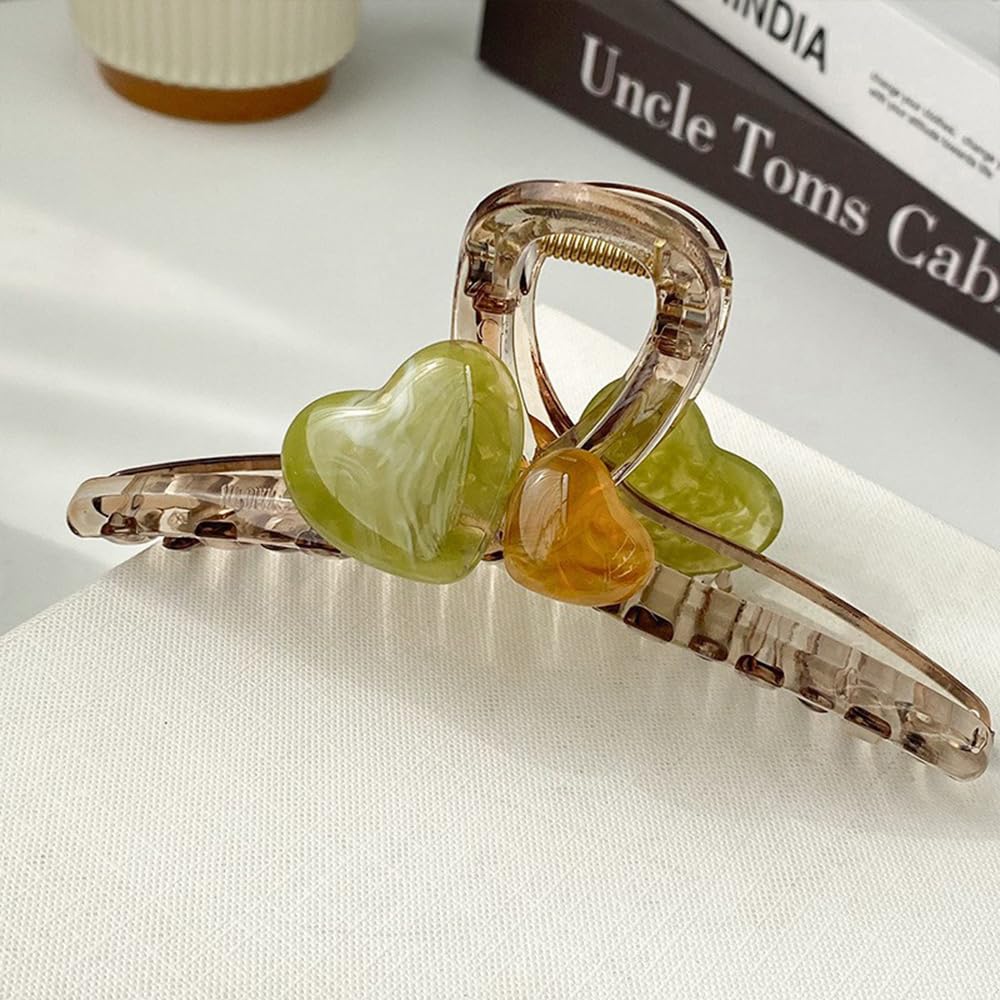 S.A.V.I Stylish Resin Hair Claw Clip for Women & Girls | 13cm Heart Shape with Green & Amber Stones | Strong Grip Bun Holder | Acrylic Hair Accessory for Daily & Party