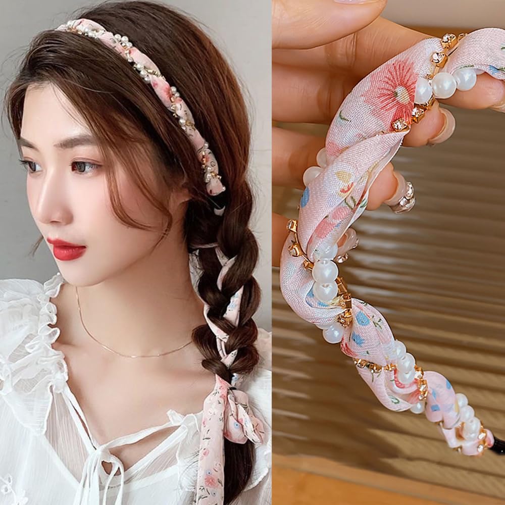 S.A.V.I Floral Pink Designer Hairband for Women & Girls | 59cm Braided Headband with Pearls, Rhinestones & Bow | Stylish Hair Accessory for Ethnic & Western | Soft & Comfortable Fit
