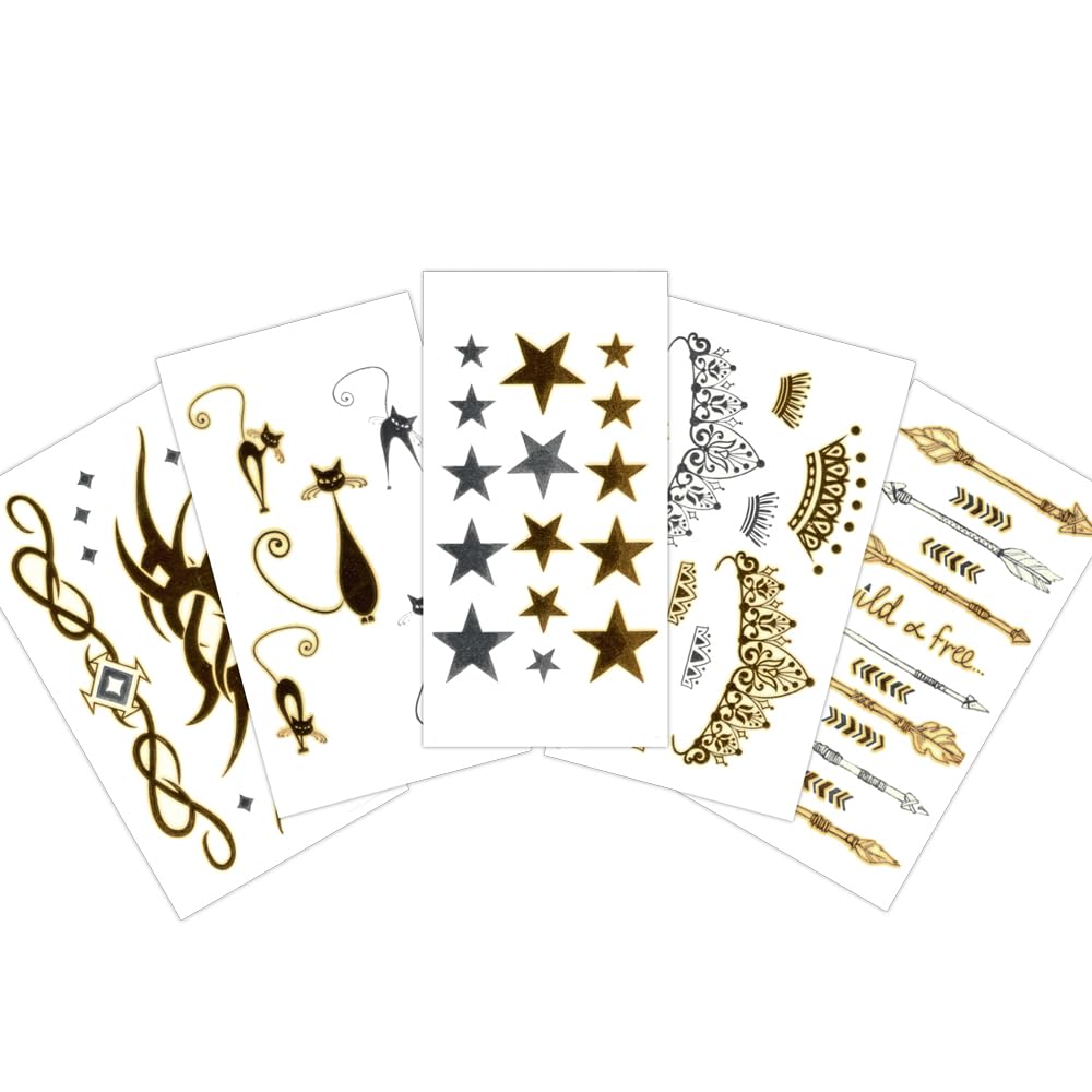 S.A.V.I 5 Sheets - Metallic Temporary Tattoos Gold Silver Stars, Notes, Arrows, Feathers, 10.5x6cm - Body Art for Women
