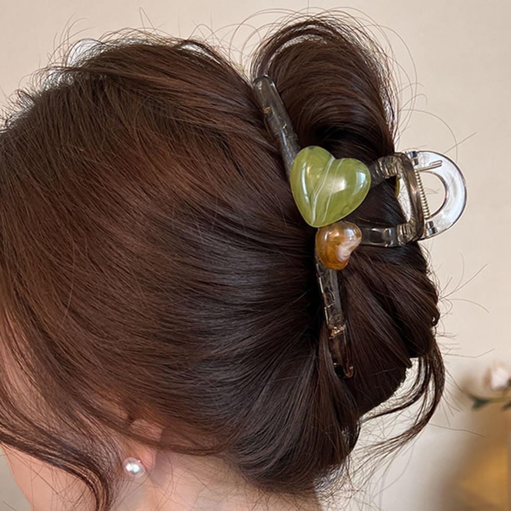 S.A.V.I Stylish Resin Hair Claw Clip for Women & Girls | 13cm Heart Shape with Green & Amber Stones | Strong Grip Bun Holder | Acrylic Hair Accessory for Daily & Party