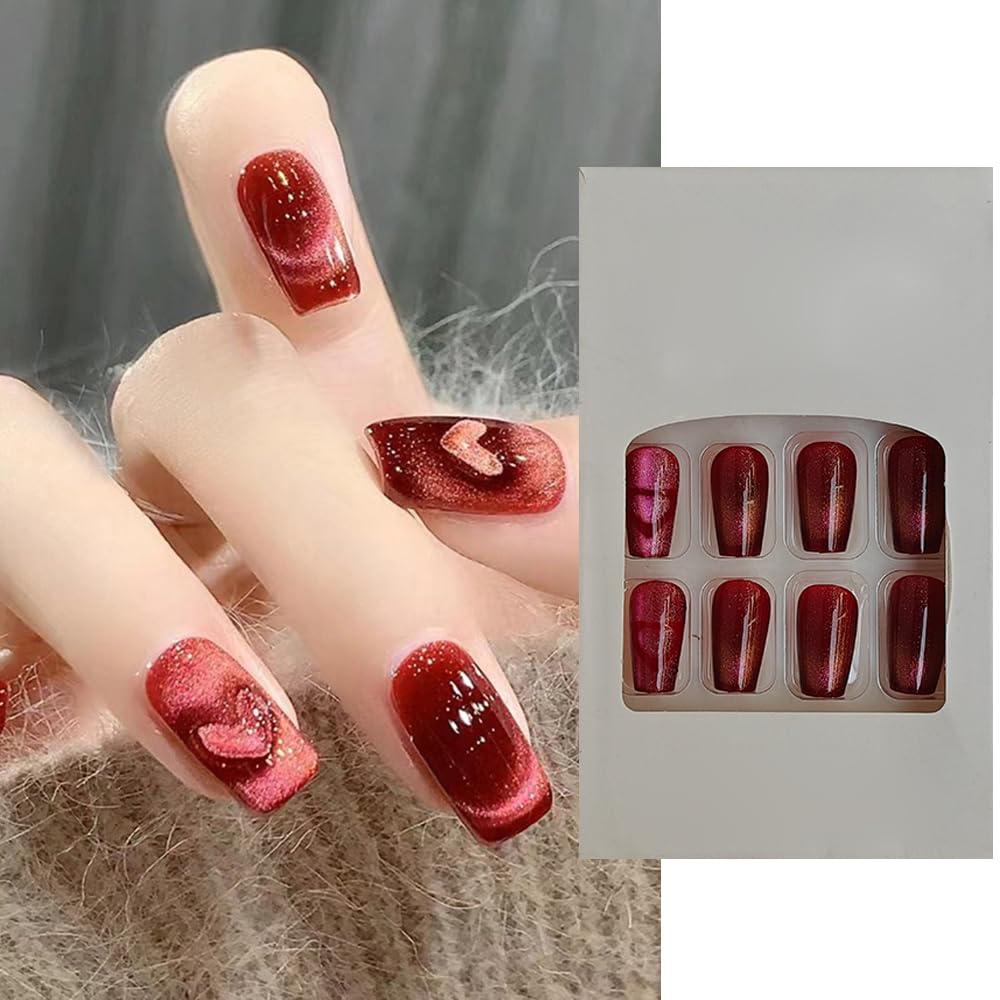 S.A.V.I 24 PCs Medium Length Red Cat's Eye Coffin Shape False Nails - Stylish Heart Design | Premium Press-On Nail Set for Women | Natural, Comfortable Artificial Nails for Parties