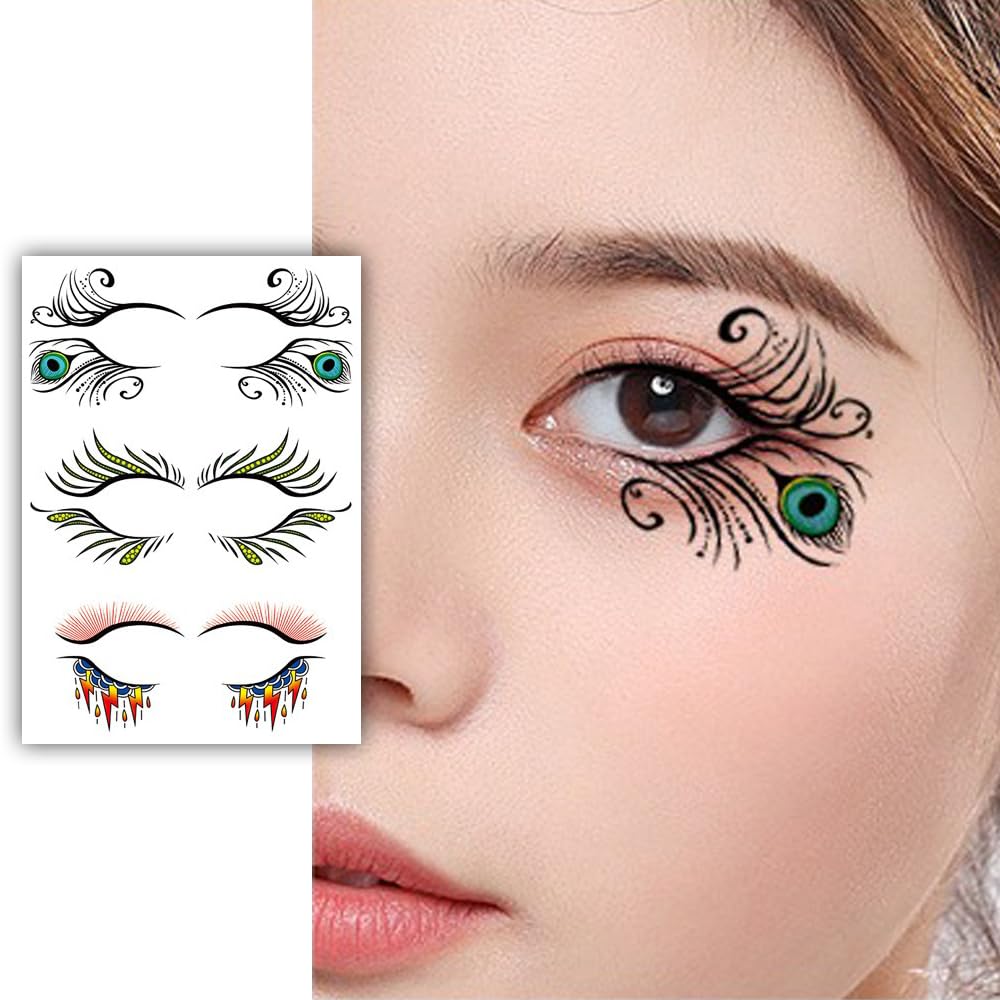 S.A.V.I 3 Pairs Peacock Feather Design Temporary Tattoo Stickers – Waterproof Vibrant Eye Makeup Art, Elegant Swirl Patterns, Festivals Fashion, Easy Apply Remove