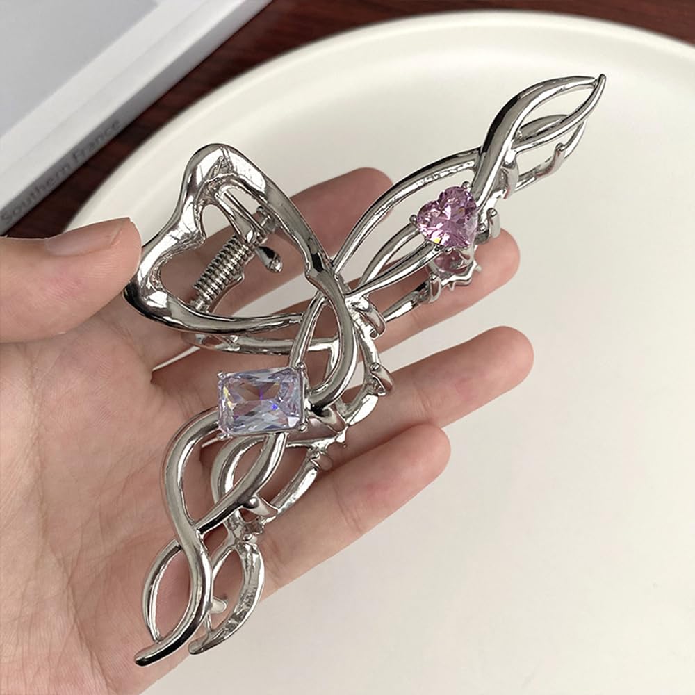 S.A.V.I Silver Metal Hair Claw Clip for Women & Girls | 11cm Big Hair Clutcher with Rhinestones | Stylish Butterfly Design | Strong Grip Hair Accessory for Thick Hair, Party & Daily