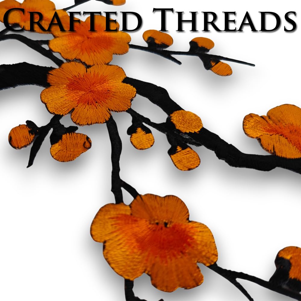 S.A.V.I 3D Yellow-Orange Cherry Blossom Embroidered Iron-On Patch for Clothes, Bags & Jackets | Floral Applique 7x6.1 inch | Pre-Glued Heat Press DIY Craft Decoration – Tree Branch Design