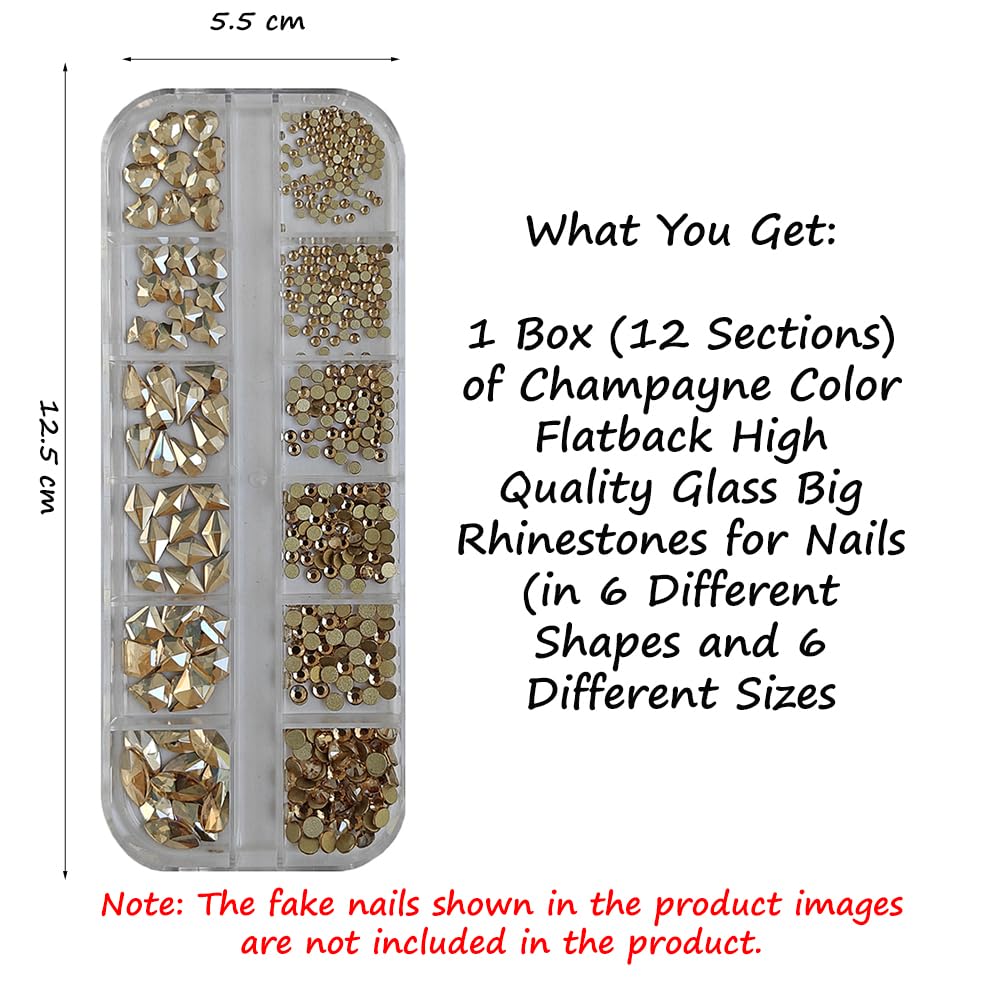S.A.V.I Champagne Gold Nail Art Rhinestones Set – 12 Grid Flatback Glass Crystals for Nails | 3D Nail Gems | 6 Shapes & Sizes for DIY Nail Art, Manicure & Decoration