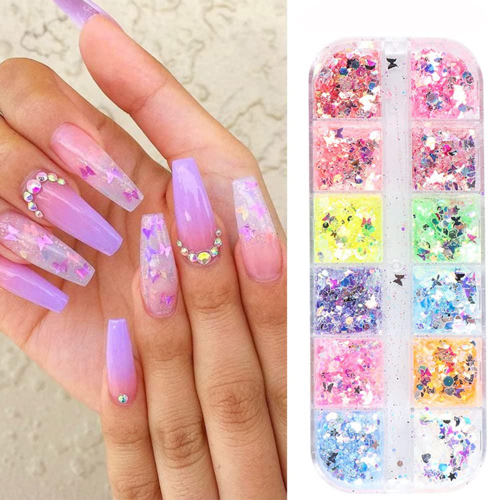 S.A.V.I Nail Art Palette Butterfly Decorations, 12 Different Colors Sequin Glitter