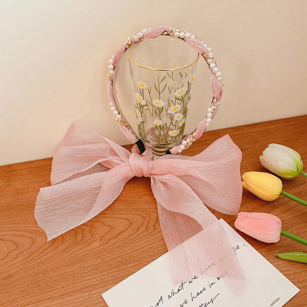 S.A.V.I Pink Pearl & Rhinestone Embellished Headband for Women & Girls | 51cm Soft Satin Ribbon Hairband | Stylish Hair Accessory for Weddings, Parties, Festive