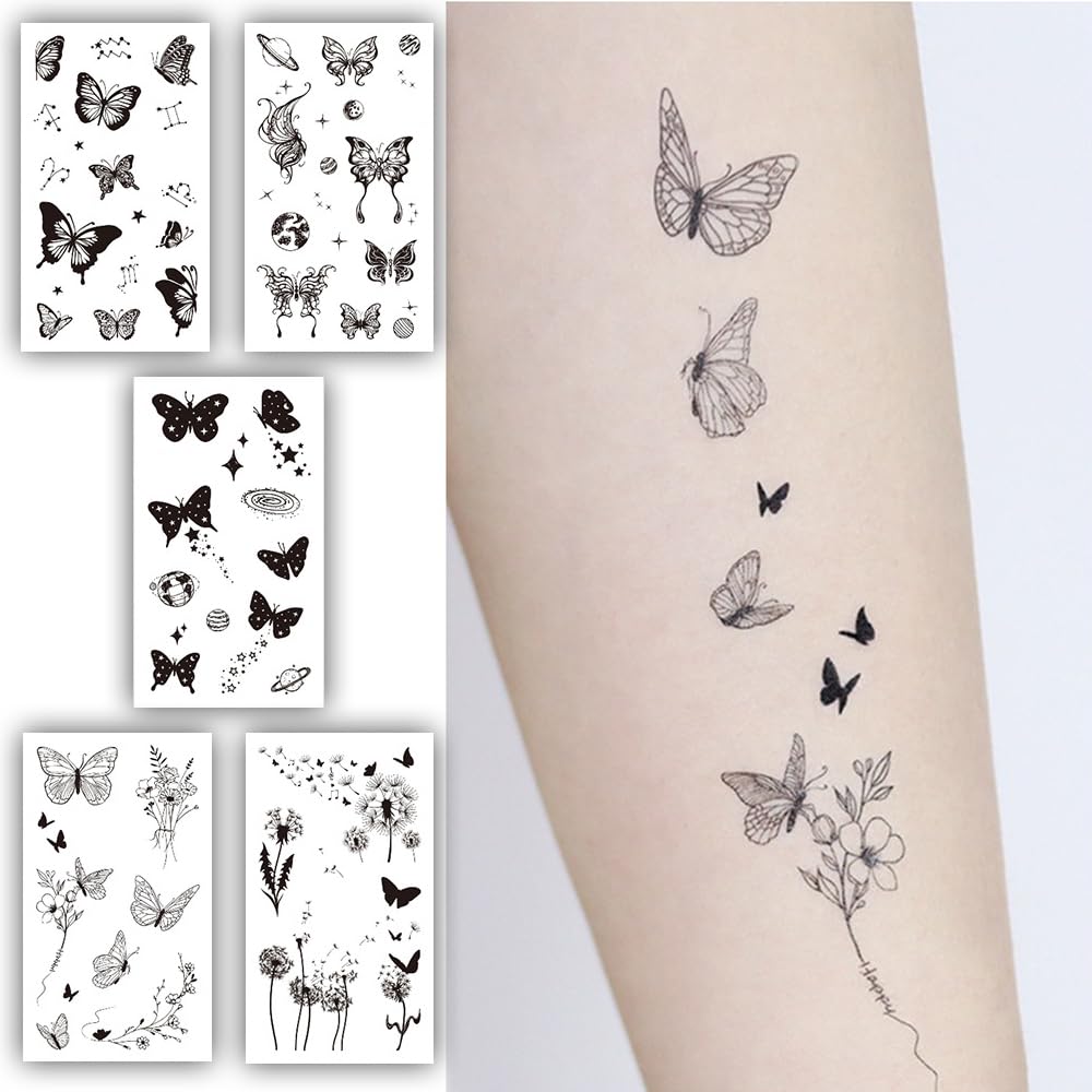 S.A.V.I 5PCS Temporary Tattoo Stickers - Black Butterflies Cosmic Design, Waterproof, Realistic 10.5x6cm, Ideal for Girls Women