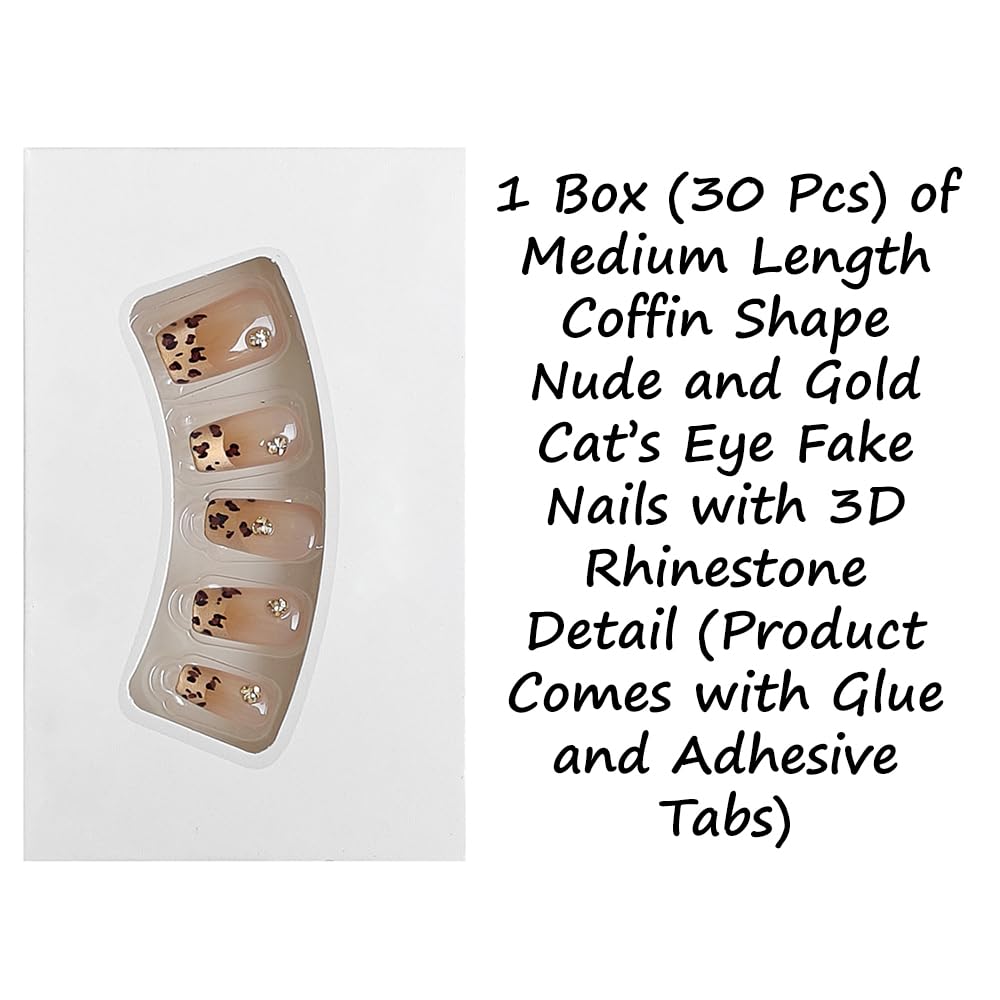 S.A.V.I 30 Pcs Nude Coffin Press-On Nails – Leopard Print & 3D Rhinestone Cat’s Eye Design – Medium Length – Reusable, Salon-Quality – Includes Glue & Adhesive Tabs