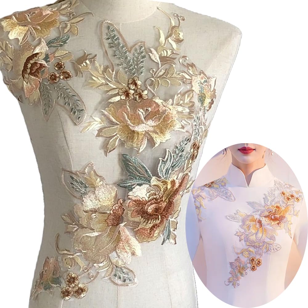 S.A.V.I 3D Floral Embroidered Applique Patch – Golden Beige Mesh Lace Fabric for DIY Bridal Dresses, Sarees, Lehengas, Blouses Gowns – Large 54x38cm Sew-On Craft Embellishment for Wedding Couture