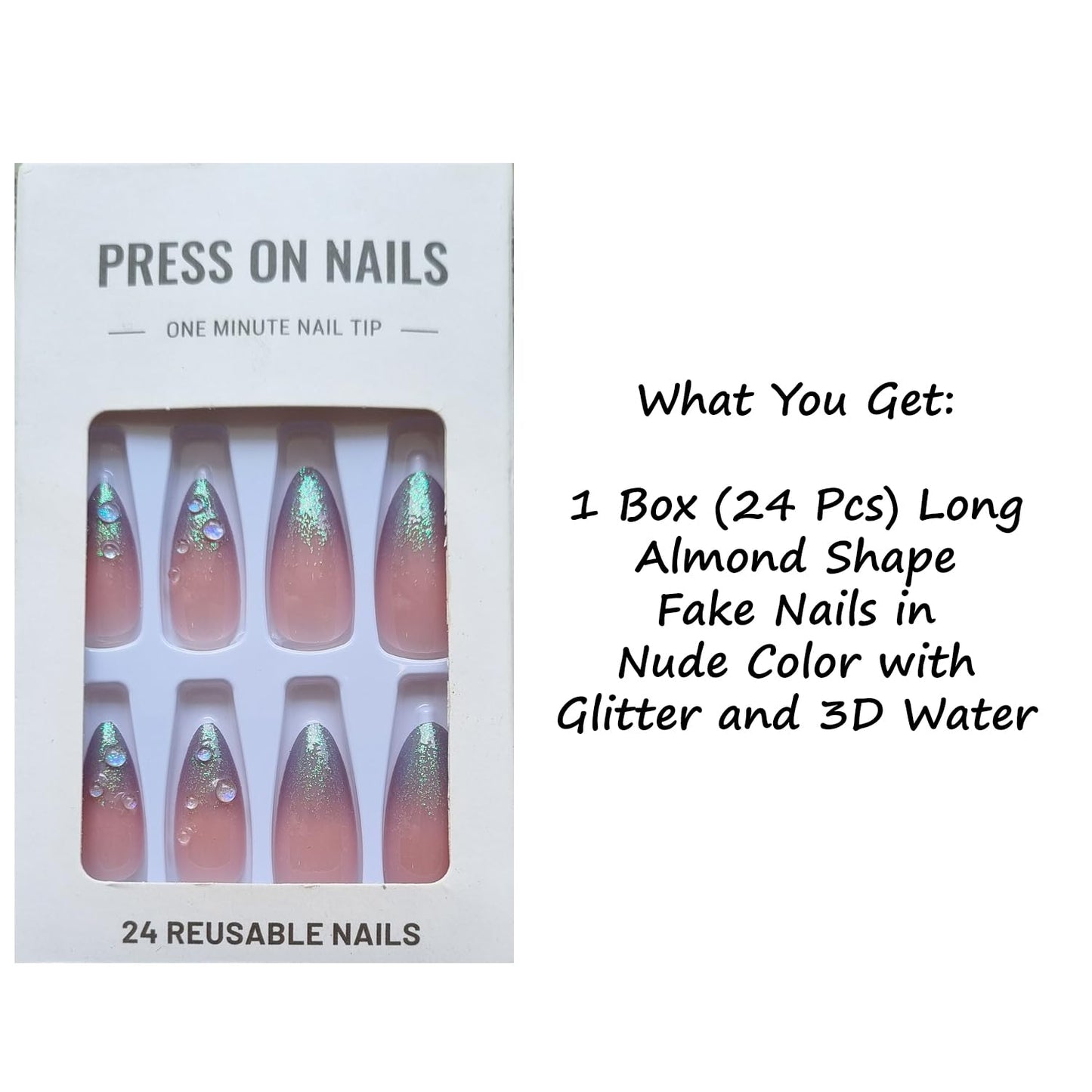 S.A.V.I 24Pcs Nude Long Almond Press On Nails for Women & Girls | Glossy Glitter Artificial Nails with 3D Droplets | Reusable Nail Tips for Party, Wedding & Daily | DIY Nail Art Set