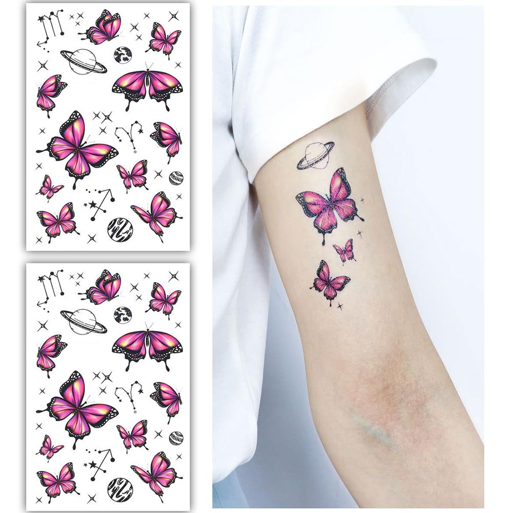 S.A.V.I 2 Sheets | Vibrant Pink Butterfly Temporary Tattoos for Kids Adults | Waterproof Long-lasting | Easy to Apply Remove | Perfect for Parties, Festivals, Gifts | Each Sheet 12x7.5 cm