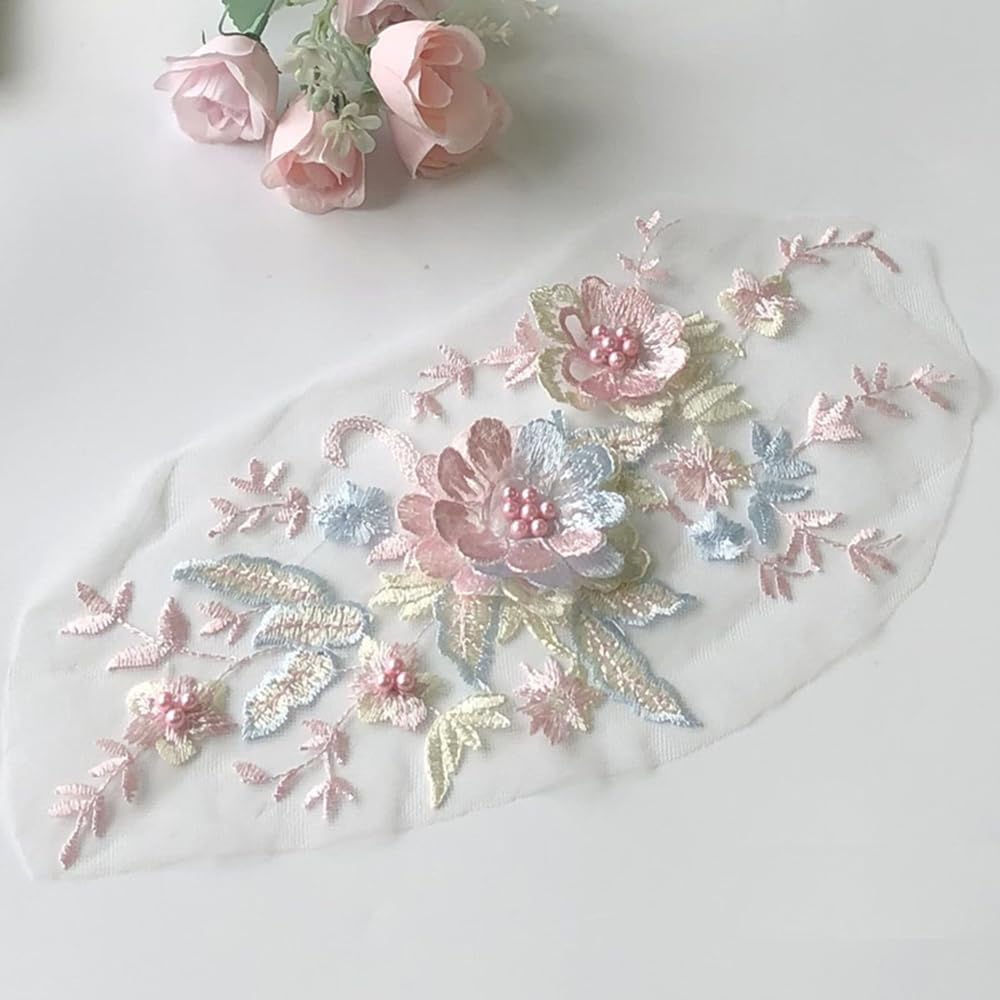S.A.V.I 1PC 3D Flower Beaded Mesh Lace Fabric with Butterfly Embroidery Applique | Sew-on for Wedding Dress Decoration | Elegant Bridal Fabric | Best Crafting Material (Pink-blue)