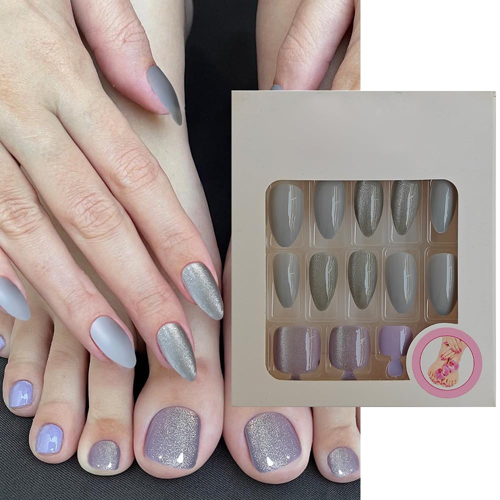 S.A.V.I 48 Pcs Cat's Eye Grey Silver Press-On Nails Set | Medium-Length Almond Shape for Hands Feet | Salon-Like Manicure Pedicure Kit | Durable Fake Nails for Home Party Glam