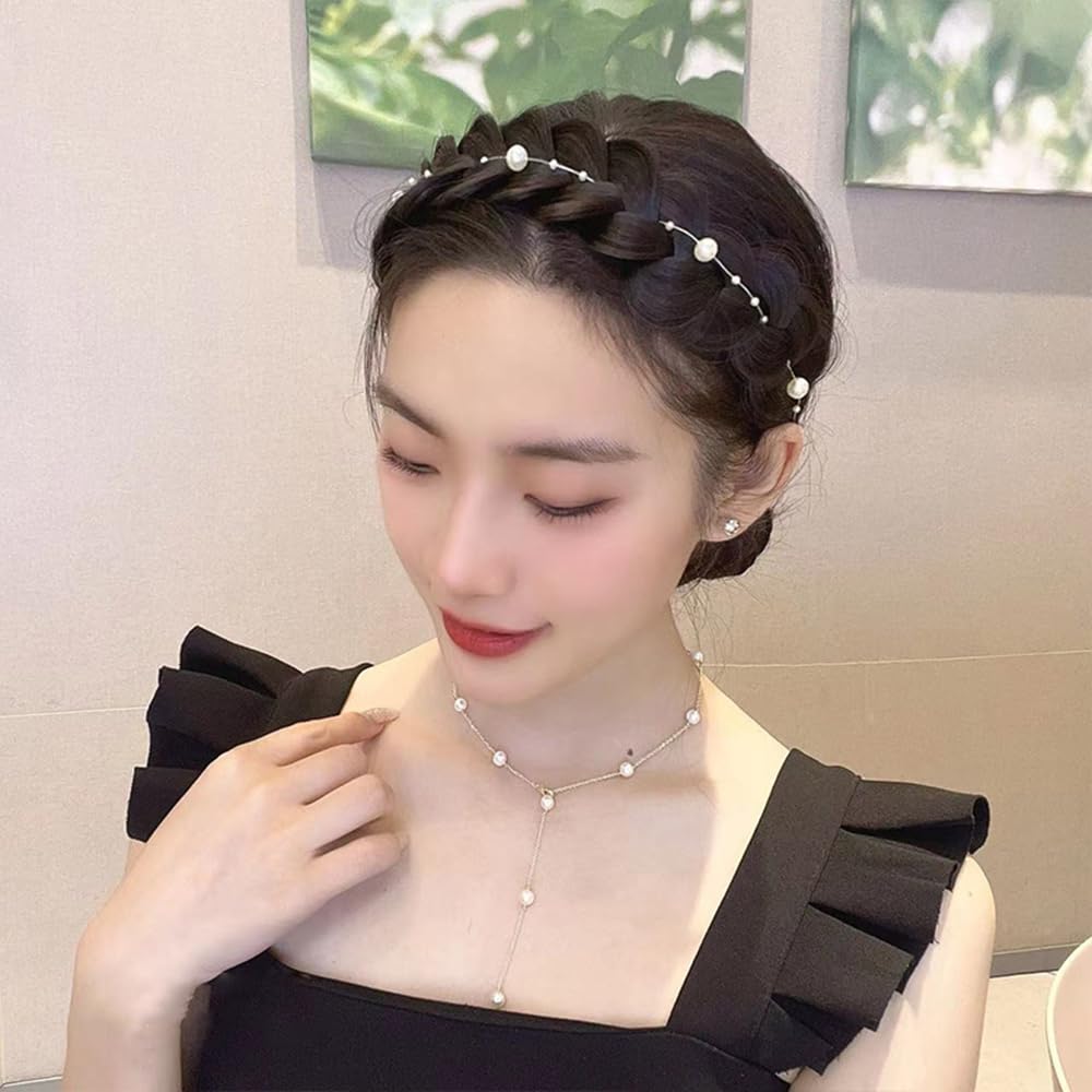 S.A.V.I Natural Black Braided Hairband for Women & Girls | Faux Hair Braid Headband with Pearls | Stylish Hair Accessory for Party, Wedding, Daily | 13x15 cm Elegant Look