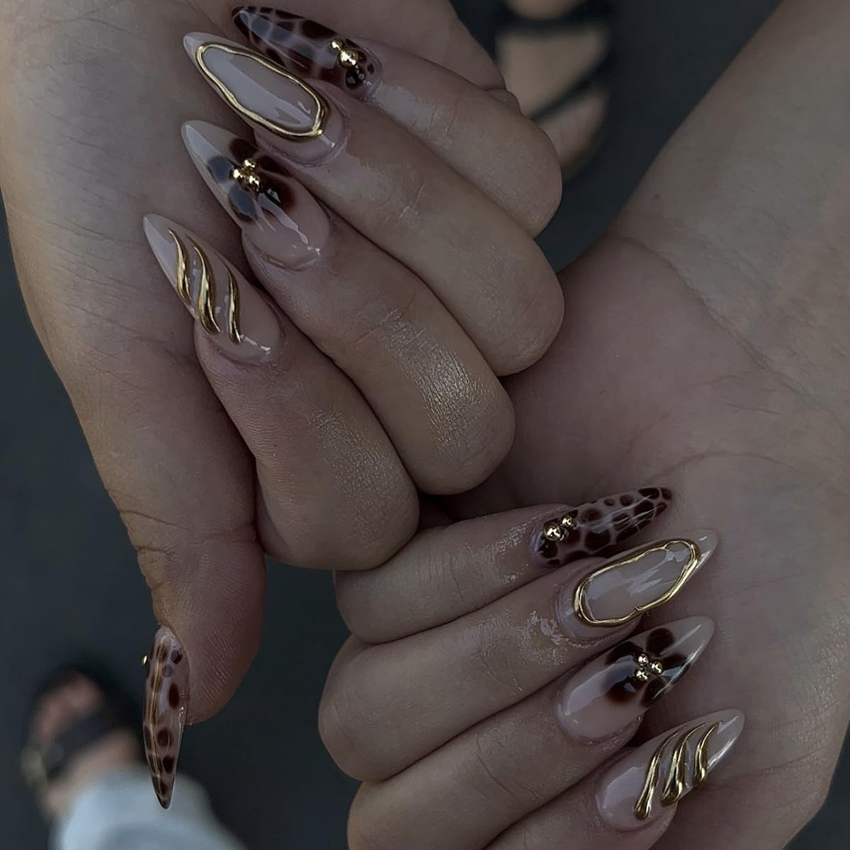 S.A.V.I 24Pcs Long Almond Nude & Brown Press-On Nails with 3D Chrome & Leopard Print – Reusable Nail Extensions with Glue & Adhesive Tabs for Salon-Style Manicure