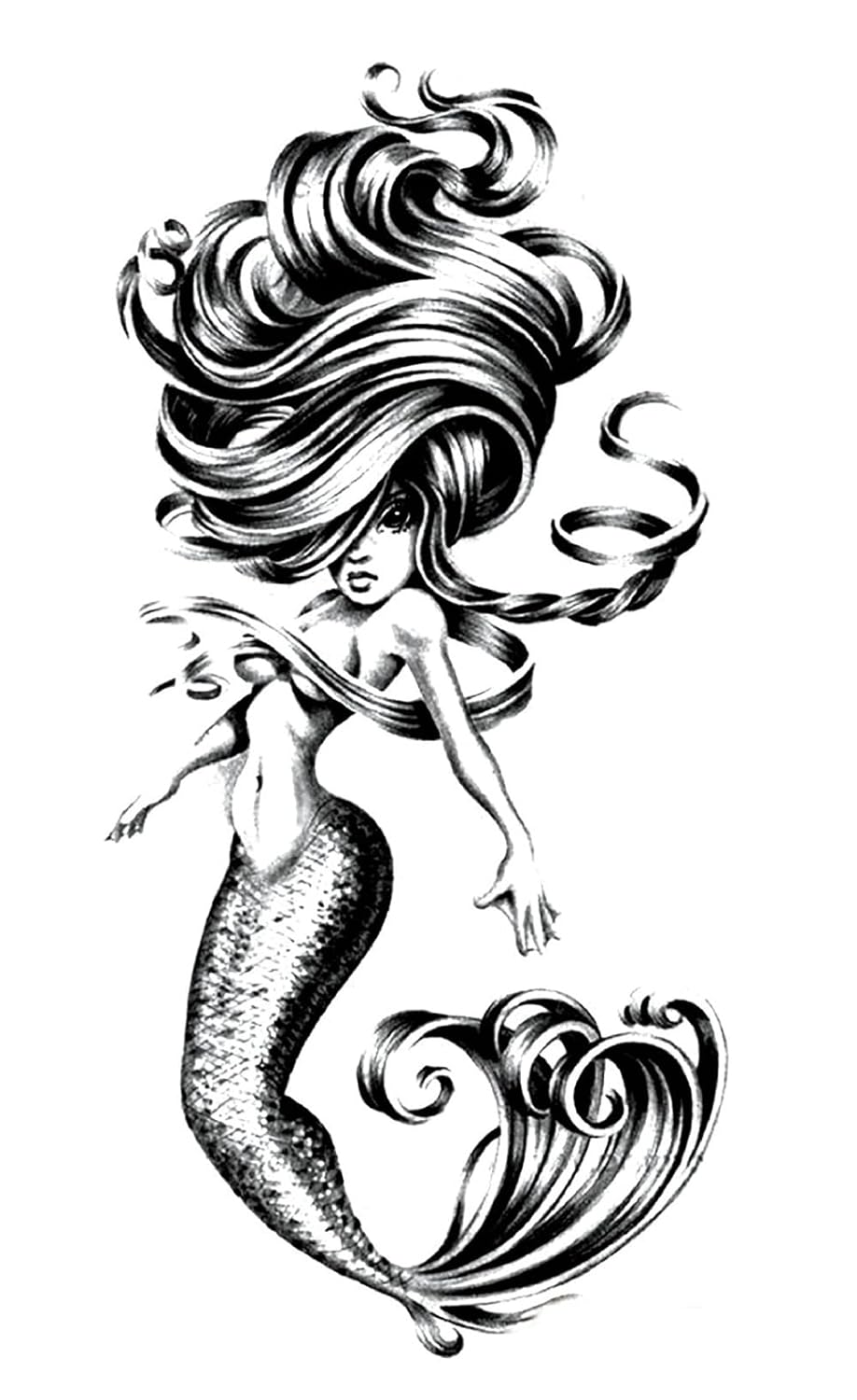 S.A.V.I Temporary Tattoo Stickers, Sea Mermaid Long Hair Design For Men, Women Size 21x11cm - 1Pc.