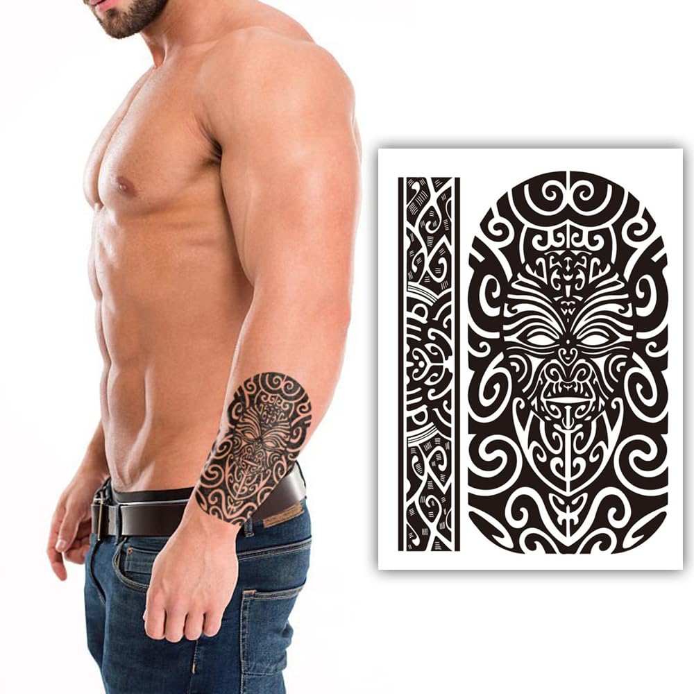 S.A.V.I Maori Tribal Mask Temporary Tattoos – Waterproof, Long-Lasting, Skin-Safe – Ideal for Cultural Events