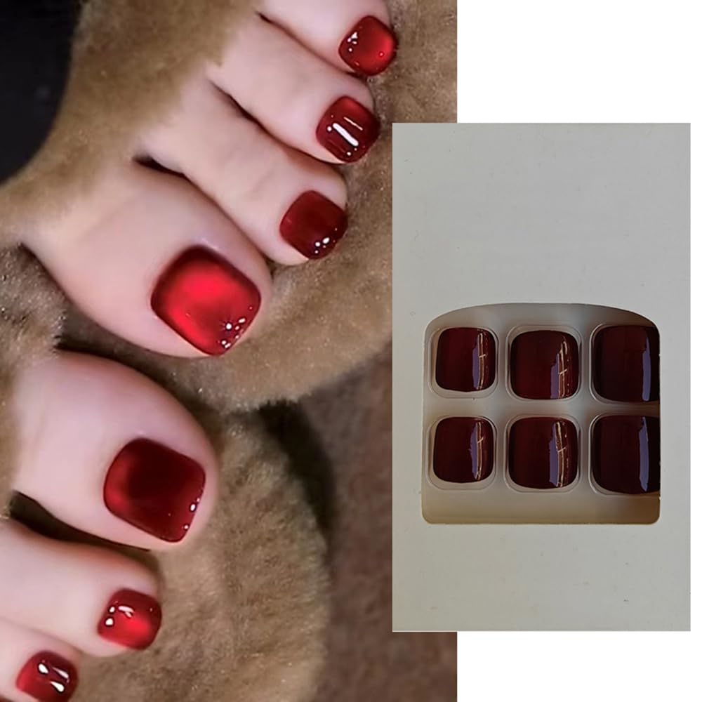 S.A.V.I 24 Pcs Dark Red Cat’s Eye Toe Nail Tips – Short Natural Shape Press-On Nails for Toes | Glossy Reusable False Nails | DIY Pedicure Kit – Salon-Finish, Easy to Apply Remove | Adhesive Tabs Glue Included