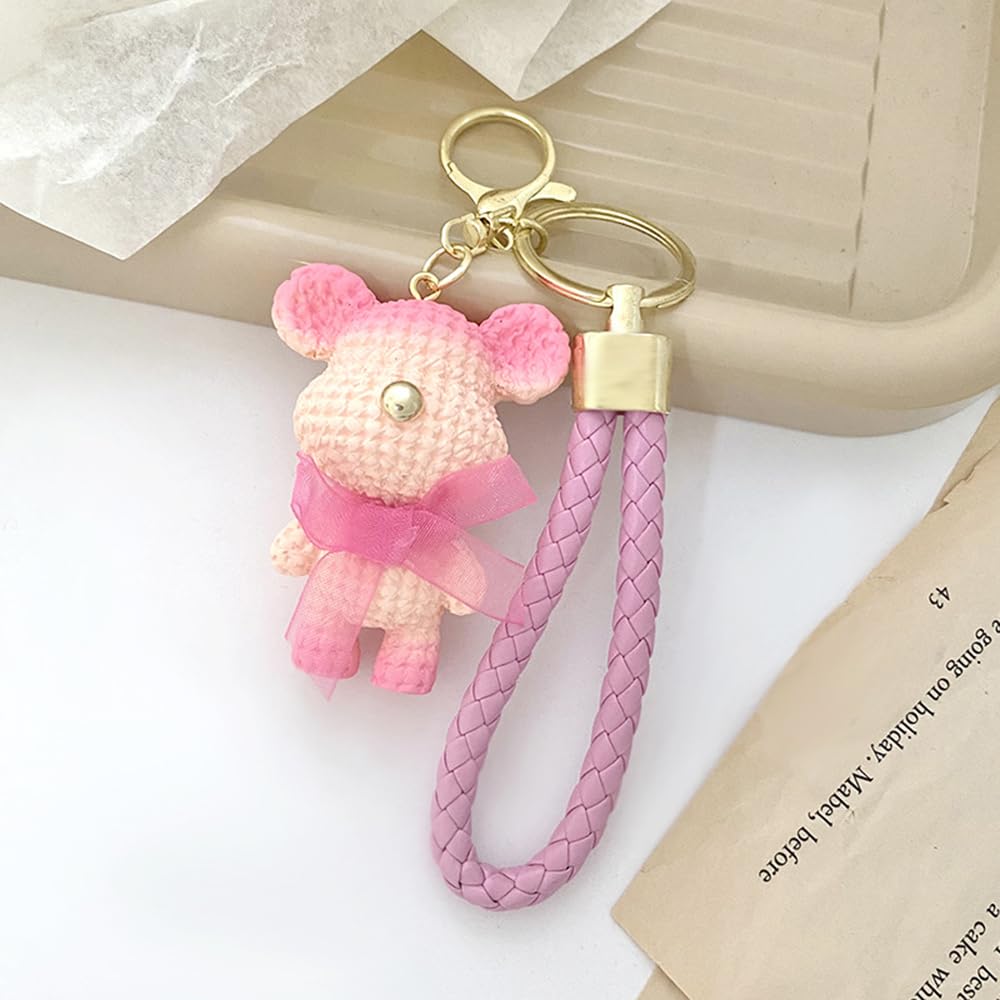 S.A.V.I Resin Pink Teddy Bear Keychain with Cute Bow & Braided Strap | Mini 6.5cm Doll Pendant | Stylish Bag Charm & Decorative Key Holder for Women, Girls & Accessory (Pink)