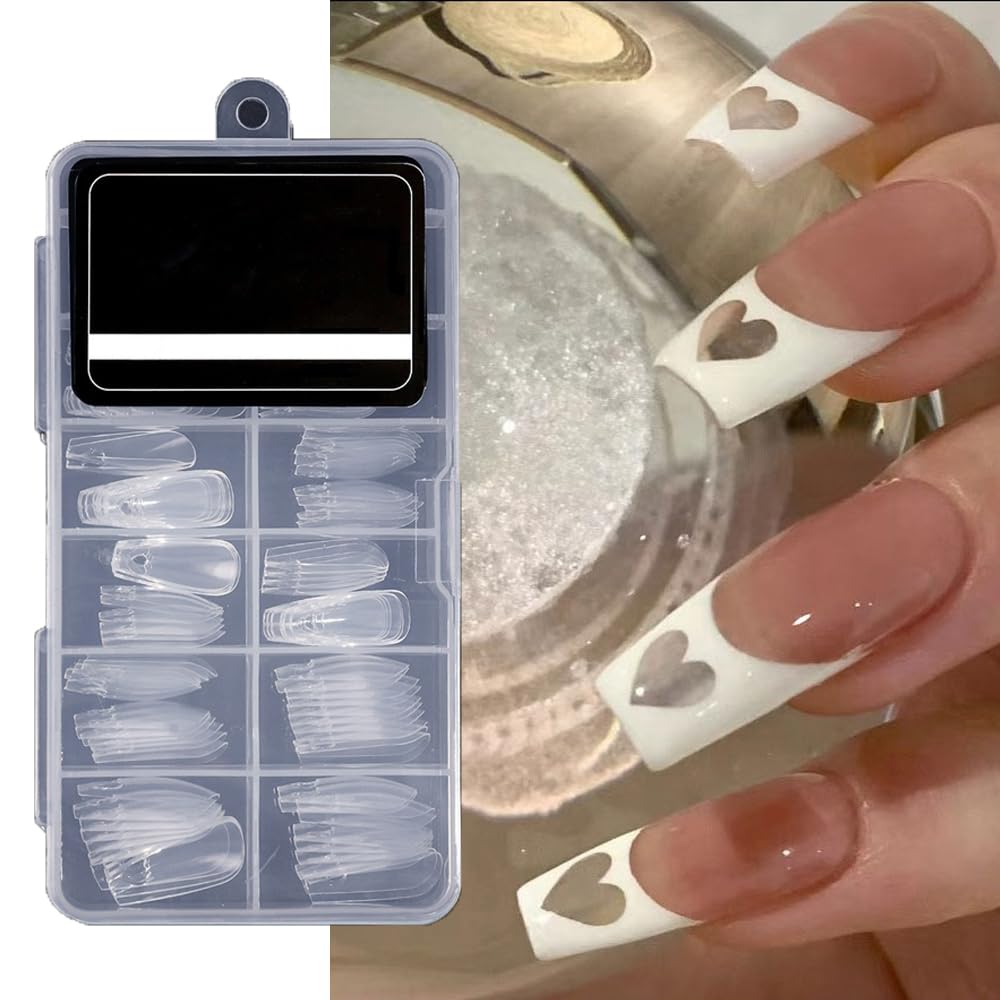 S.A.V.I 120 PCs Long Coffin Shape Nail Tips with Hollow Heart Design - Transparent Acrylic False Nails for DIY Nail Art, Manicure Extension | Durable Easy to Apply | Professional Salon Home Use