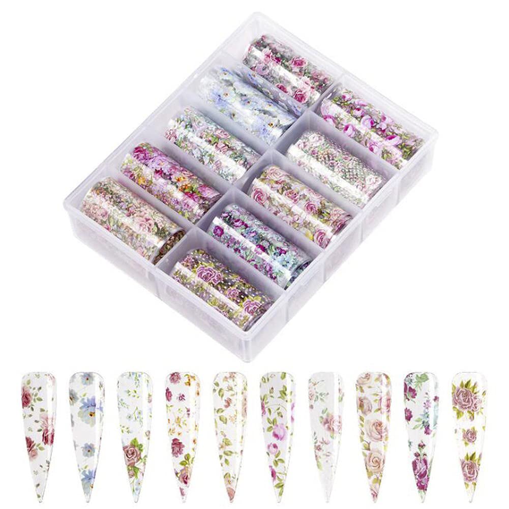 S.A.V.I 10 Rolls Nail Foil 10 Designs of Colorful Flower Pattern Nail Foil Wraps Decal